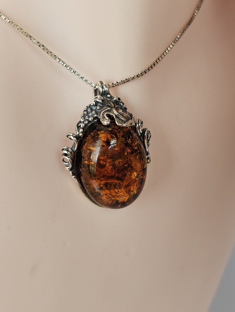 Vintage Polish Valerio Baltic Amber Pendant & Sterling Silver Box Chain 18" - Picture 10 of 12